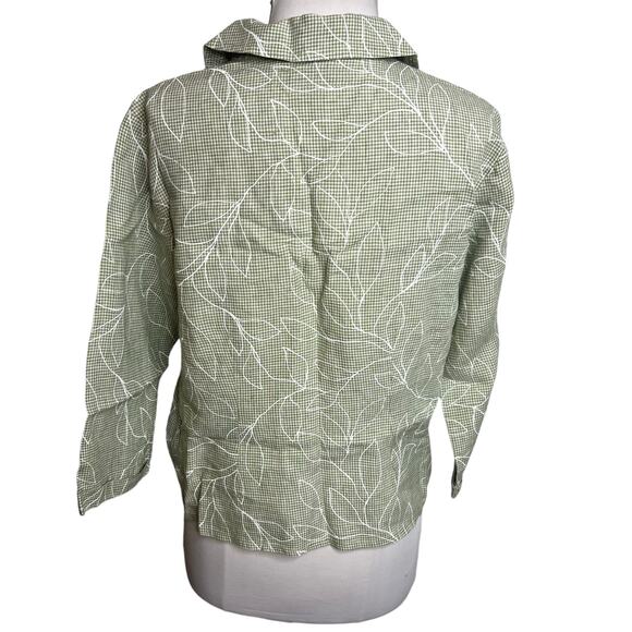 Flax gingham leaf print linen button down shirt - Picture 2 of 6